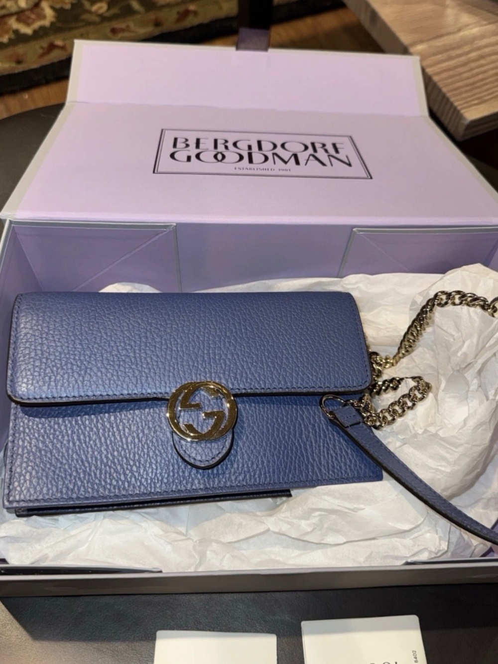 Auth NEW Gucci Interlocking GG Blue Leather/ Silver. Crossbody /Chain Bag Purse